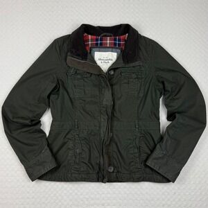 Abercrombie Fitch Jacket Kids Youth Large Green Plaid-Lined Corduroy Collar Y2K